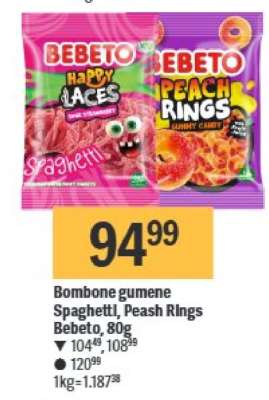 Bombone gumene Spaghettl, Peash RIngs Bebeto, 80g