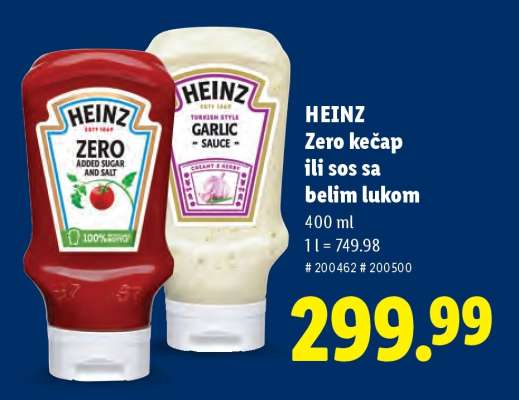 HEINZ Zero kečap ili sos sa belim lukom
