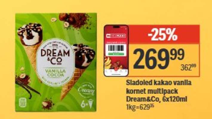 Sladoled kakao vanlla kornet multipack Dream&Co, 6x120ml