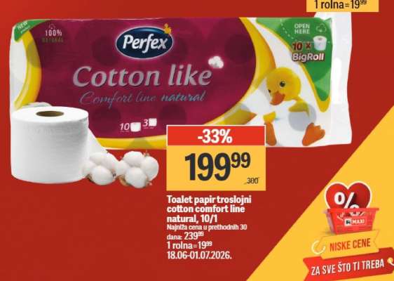 Toalet papir troslojni Cotton Comfort line natural, 10/1