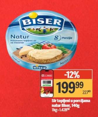 Sir topljeni u porcijama Natur Biser, 140g