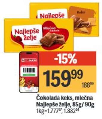 Čokolada keks, mlečna Najlepše želje, 85g/90g