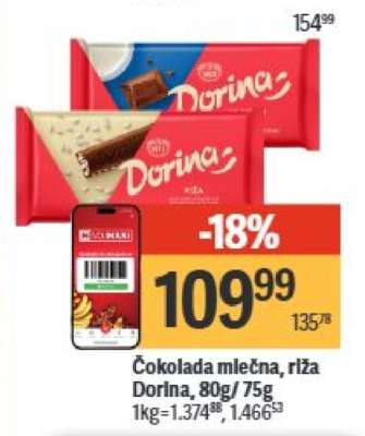 Čokolada mlečna, riža Dorina, 80g/75g