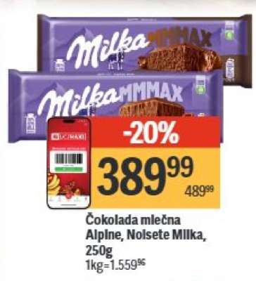 Čokolada mlečna Alpine, Nolsete Milka, 250g