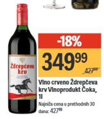 Vino crveno Ždrečeva krv Vinoprodukt Čoka, 1l