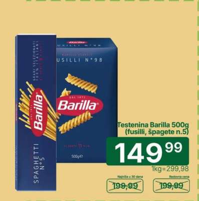 Testenina Barilla 500g (fusili, špagete n.5)