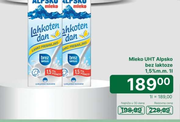 Mleko UHT Alpsko bez laktoze 1,5%m.m. 1l