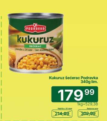 Kukuruz šećerac Podravka 340g lim.