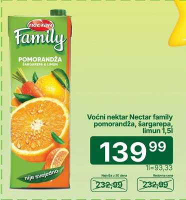 Voćni nektar Nectar family pomorandža, šargarepa, limun 1,5l