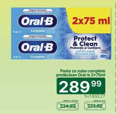 Pasta za zube complete prot&clean Oral-b 2×75ml