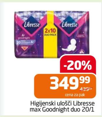 Higijenski ulošci Libresse max Goodnight duo 20/1