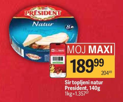 Sir topljeni natur President 140g