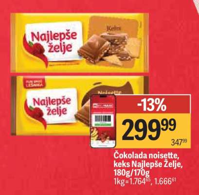 Čokolada noisette, keks Najlepše Želje, 180g/170g