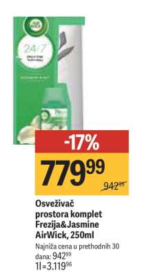 Osveživač prostora komplet Frezija&Jasmine AirWick, 250ml