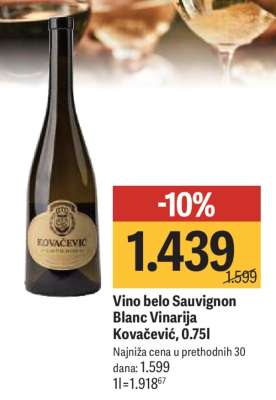Vino belo Sauvignon Blanc Vinarija Kovačević, 0.75l