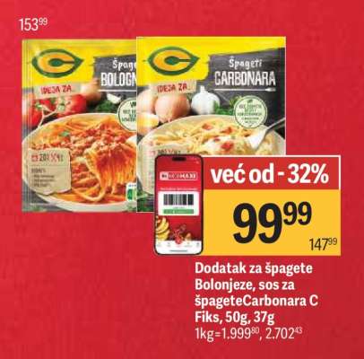 Dodatak za špagete Bolonjeze, sos za špagete Carbonara C Fiks, 50g, 37g