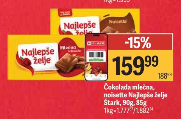 Čokolada mlečna, noisette Najlepše želje Štark, 90g, 85g