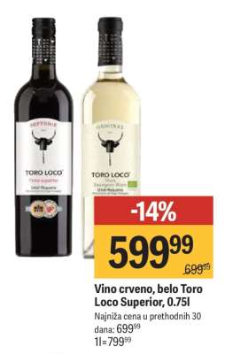 Vino crveno, belo Toro Loco Superior, 0.75l