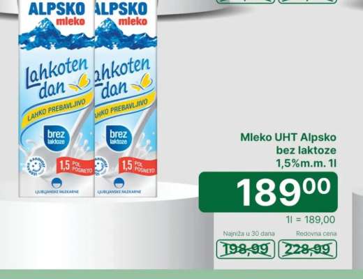 Mleko UHT Alpsko bez laktoze