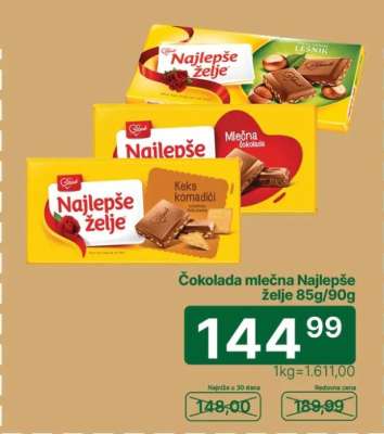 Čokolada mlečna Najlepše želje 85g/90g