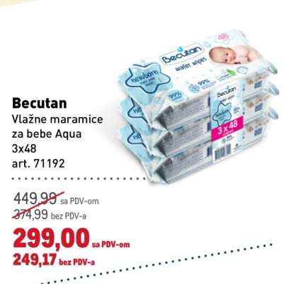 Becutan Vlažne maramice za bebe Aqua 3x48