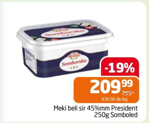Meki beli sir 45%mm President 250g Somboled
