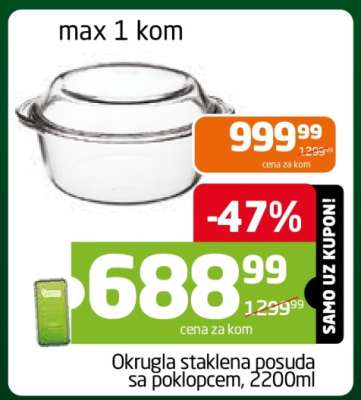 Okrugla staklena posuda sa poklopcem, 2200ml