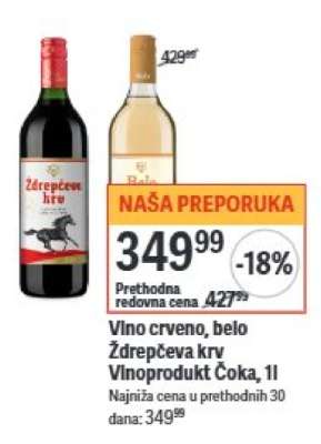 Vino crveno, belo Ždrepčeva krv Vinoprodukt Čoka, 1l