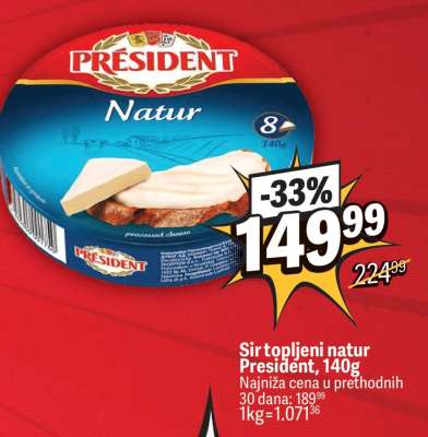 Sir topljeni natur President 140g