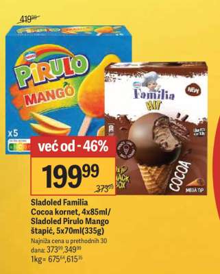 Sladoled Familia Cocoa kornet, 4x85ml/Sladoled Pirulo Mango štapić, 5x70ml(335g)
