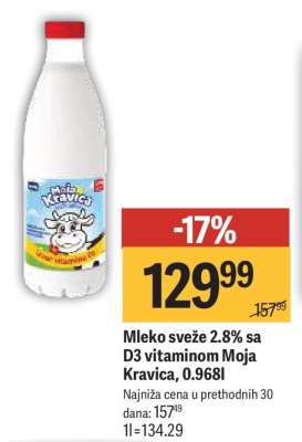 Mleko sveže 2.8% sa D3 vitaminom Moja Kravica, 0.968l