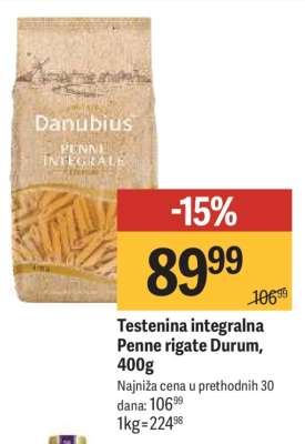 Testenina integralna Penne rigate Durum, 400g