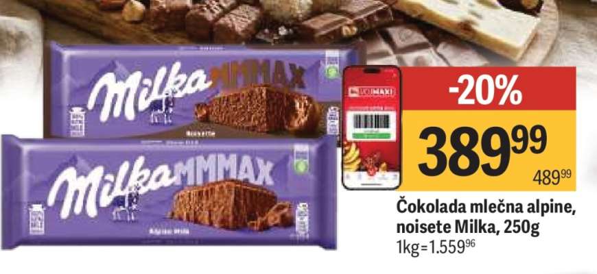 Čokolada mlečna alpine, noisete Milka, 250g