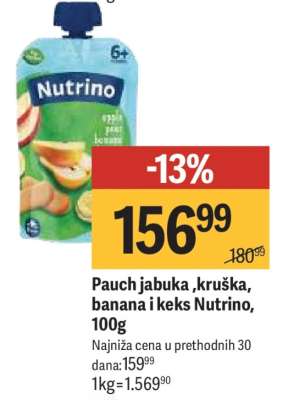 Pauch jabuka, kruška, banana i keks Nutrino, 100g