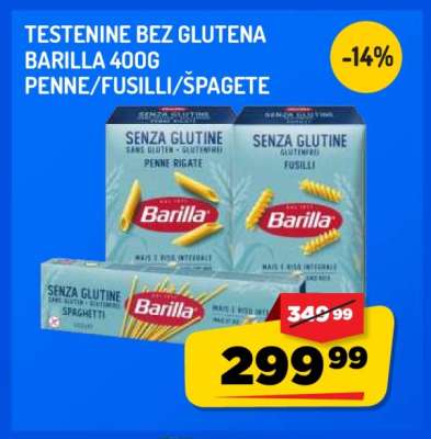 Testenine brez glutena Barilla 400g Penne/Fusilli/Špagete