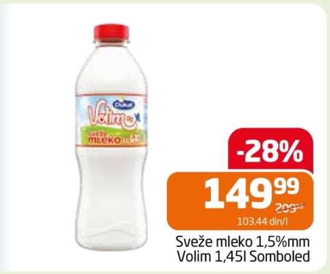 Sveže mleko 1,5%mm Volim 1,45l Somboled