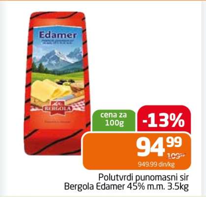Polutvrdi punomasni sir Bergola Edamer 45% m.m. 3.5kg
