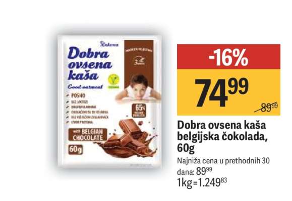 Dobra ovsena kaša belgijska čokolada, 60g