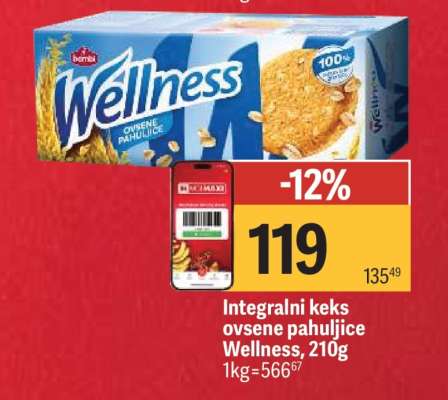 Integralni keks ovsene pahuljice Wellness, 210g