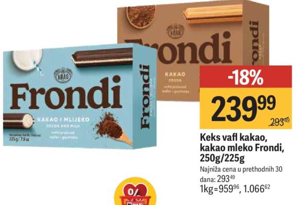 Keks vafi kakao, kakao mleko Frondi, 250g/225g