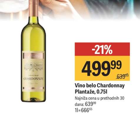 Vino belo Chardonnay Plantaze 0,75l