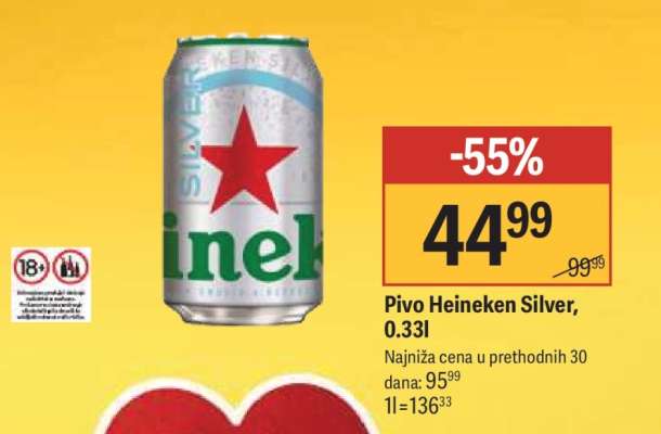 Pivo Heineken Silver, 0.33l