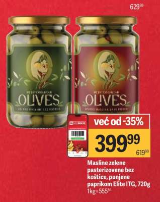 Masline zelene pasterizovane bez koštice, punjene paprikom Elite ITG, 720g