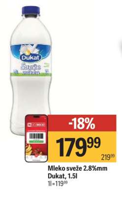 Mleko sveže 2.8 % mm Dukat 1.5L
