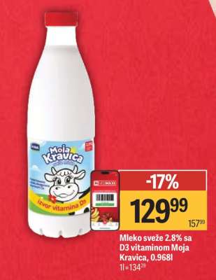 Mleko sveže 2.8% sa D3 vitaminom Moja Kravica, 0.968l