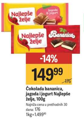 Čokolada bananica, jagoda i jogurt Najlepše želje, 100g