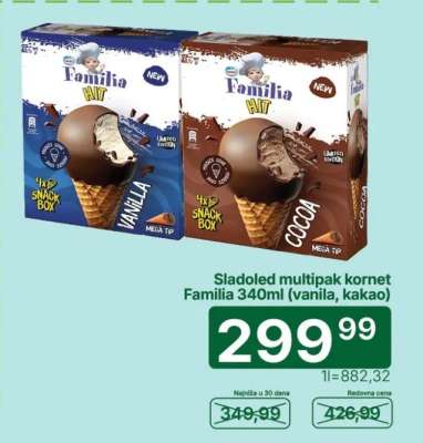 Sladoled multipak kornet Familia 340ml (vanila, kakao)