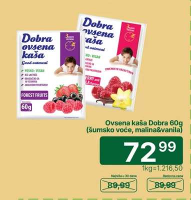 Ovsena kaša Dobra 60g (šumsko voće, malina&vanila)