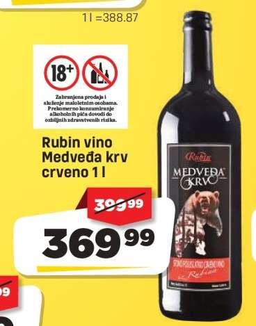 Rubin vino Medveđa krv crveno 1l