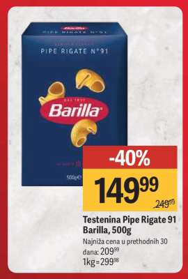 Testenina Pipe Rigate 91 Barilla, 500g